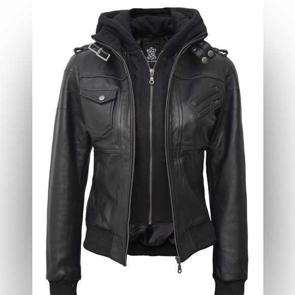 Real Leather Jackets & Blazers - Genuine Leather Black Moto Jacket w/ Hood • New • Real Leather